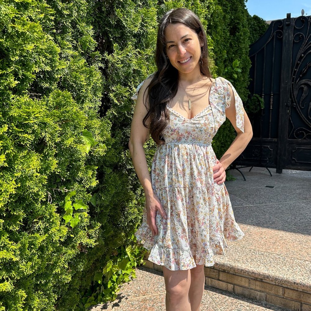 Floral Smocked top shoulder tie cut out dress